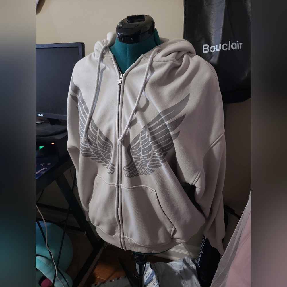 Gray Cyber Angel Graphic Zip-Up Sweater